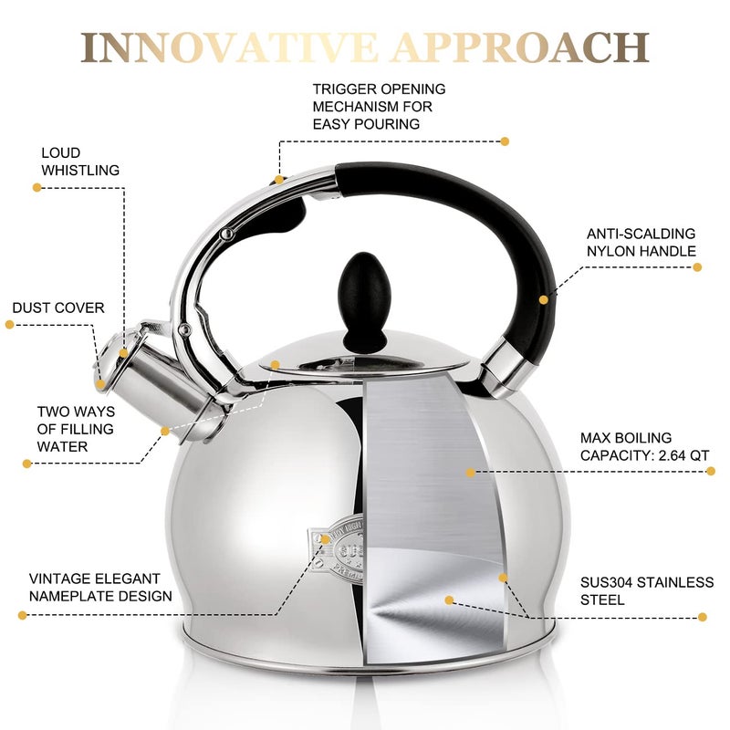 SUSTEAS Stove Top Whistling Tea Kettle - Food Grade Stainless Steel Teakettle Teapot with Cool Touch Ergonomic Handle, With 1 Silicone Pinch Mitt Included,2.64 Quart(SILVER) - Image 2